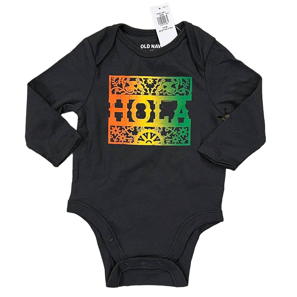 NWT Old Navy Charcoal Grey Unisex Long-Sleeve "Hola" Graphic Bodysuit -SIZE 0-3M